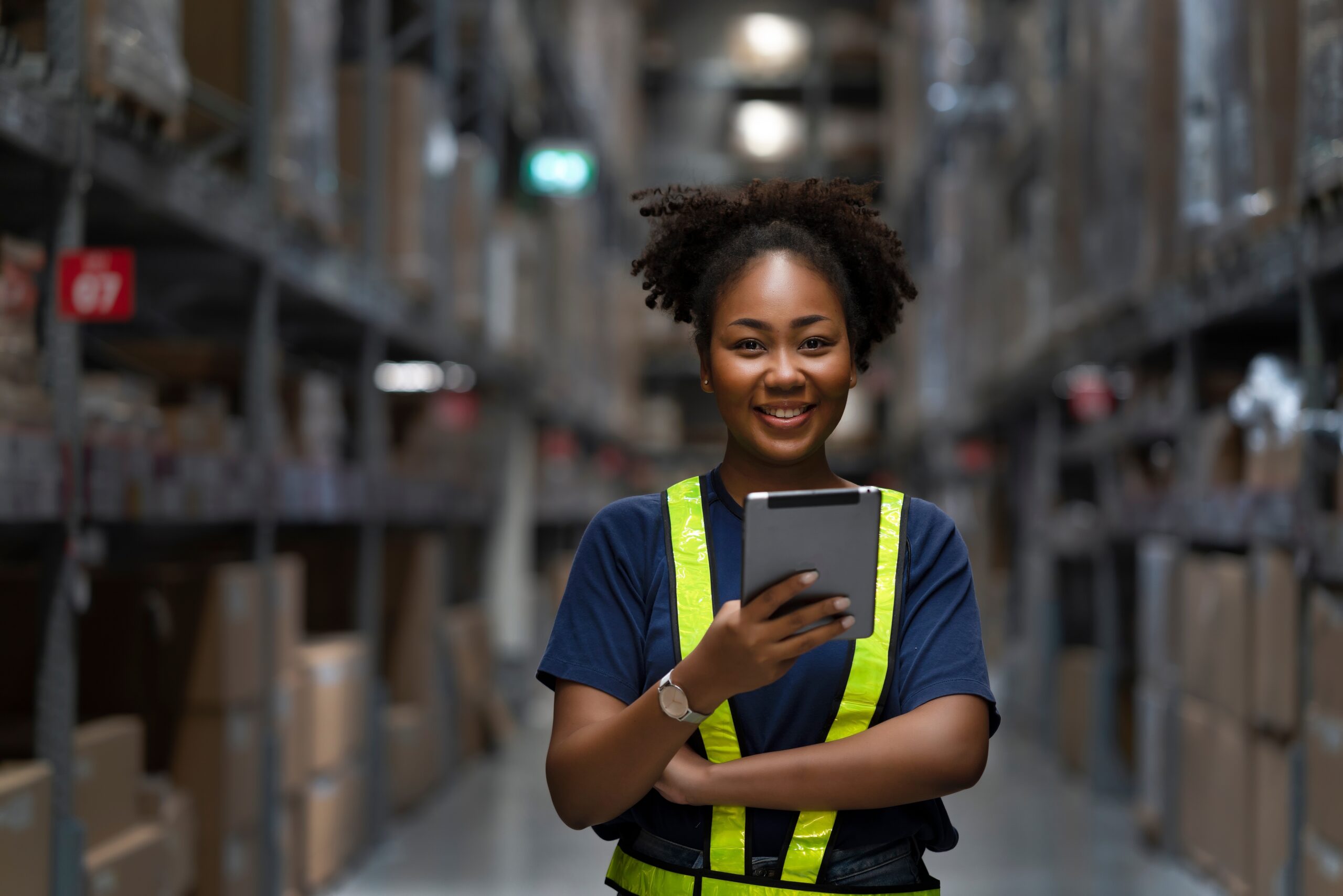 Young,Smart,African,American,Woman,Working,In,Warehouse,Using,The